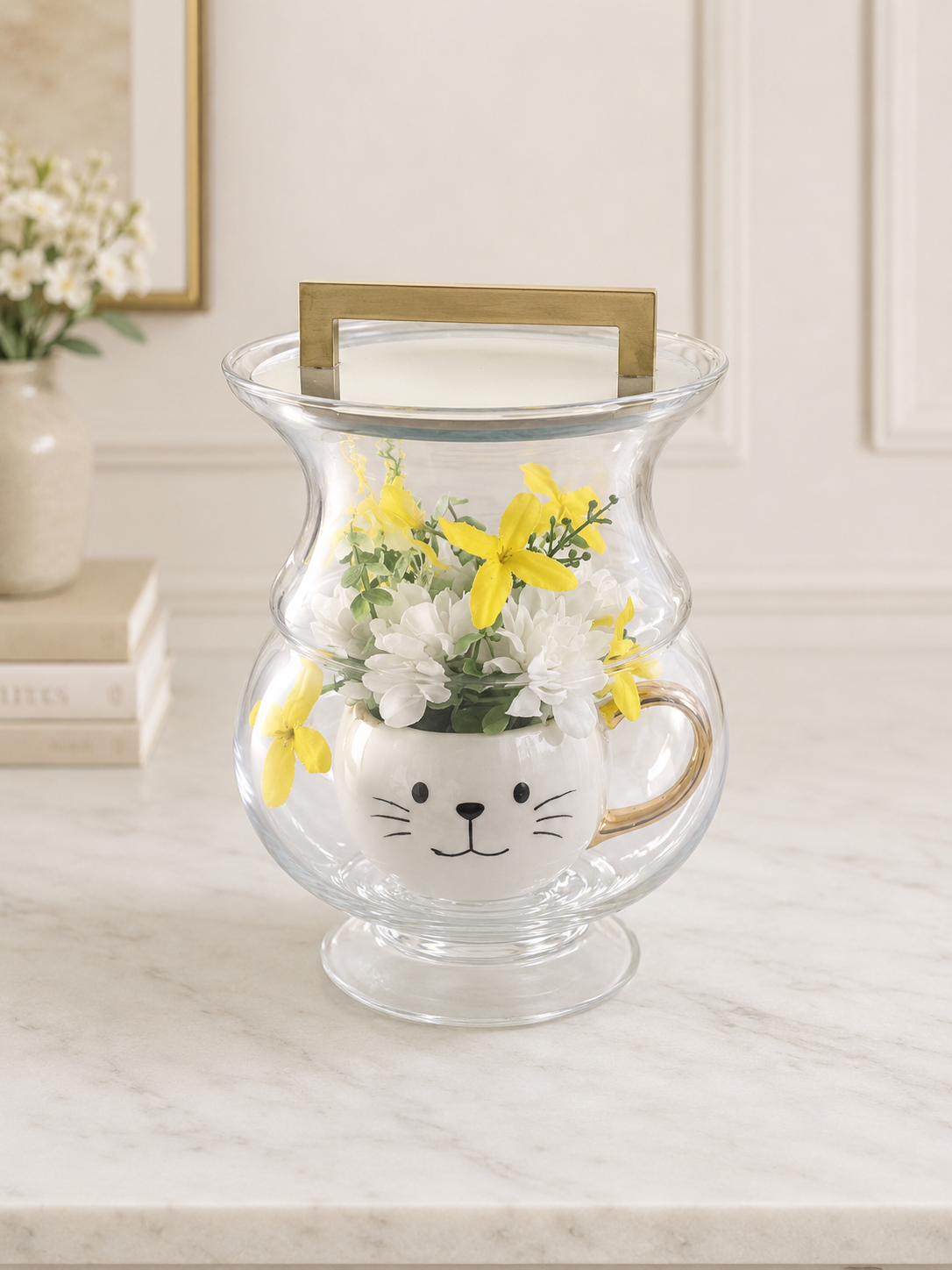 Whimsical Cat Floral Glass Vase Arrangement