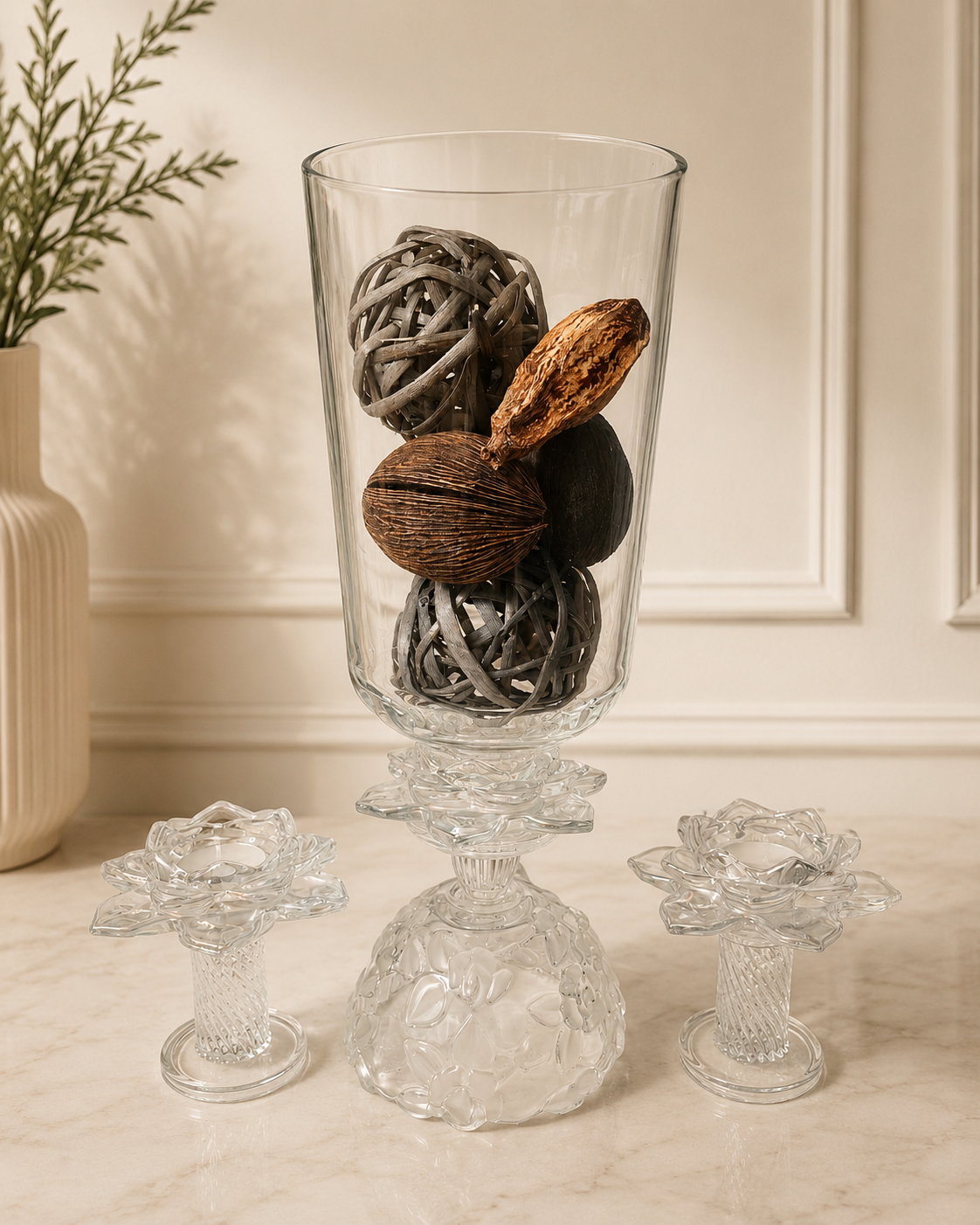 Clear Glass Pedestal Vase with Natural Decorative Filler Set