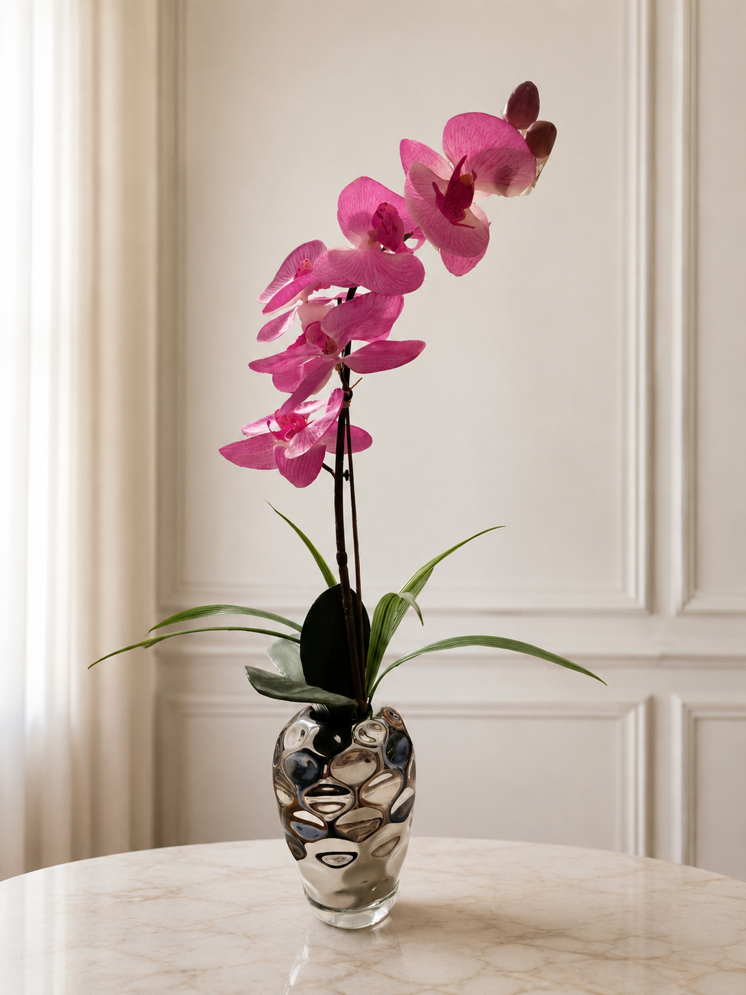 Pink Orchid Floral Arrangement in Decorative Glass Vase