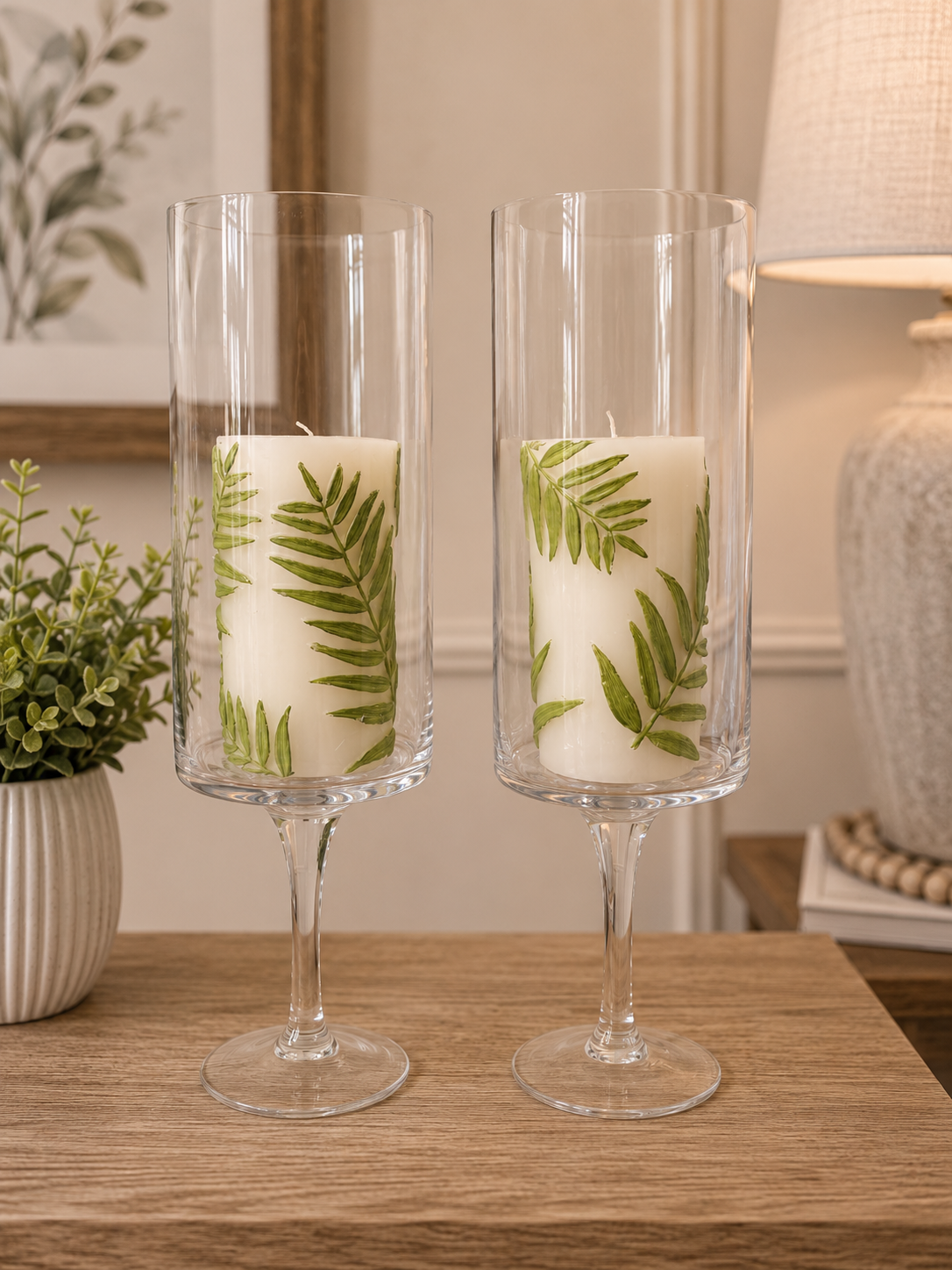 Set of 2 Botanical Leaf Glass Candle Holders