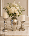 Luxury White Floral Arrangement with Silver Mercury Vase & Candle Holder Set