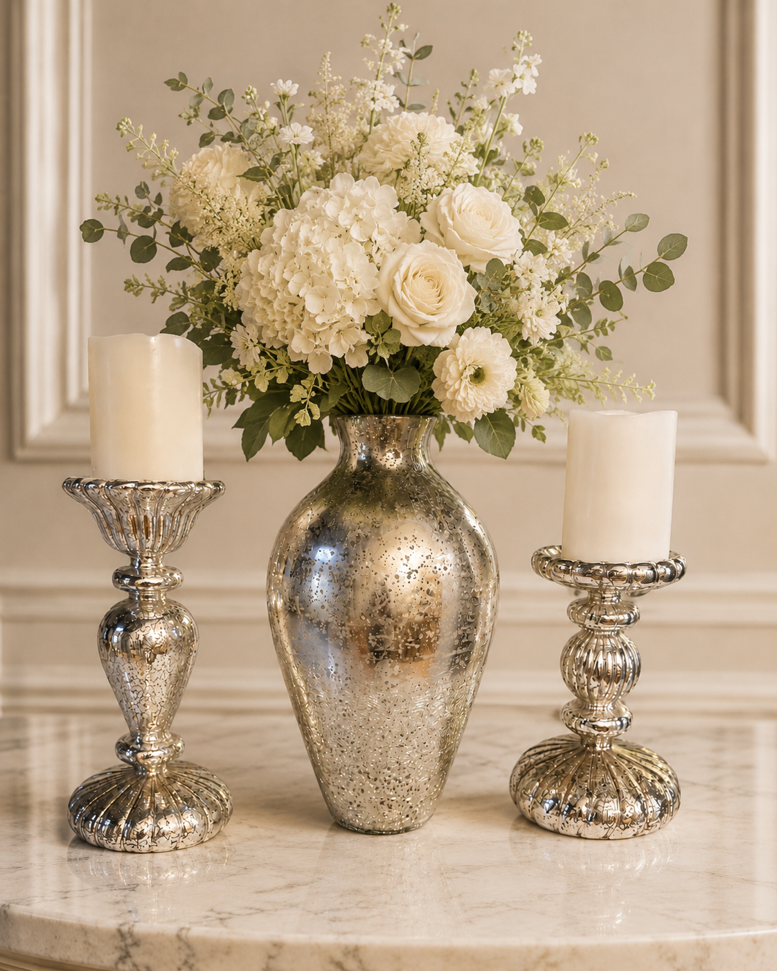 Luxury White Floral Arrangement with Silver Mercury Vase & Candle Holder Set