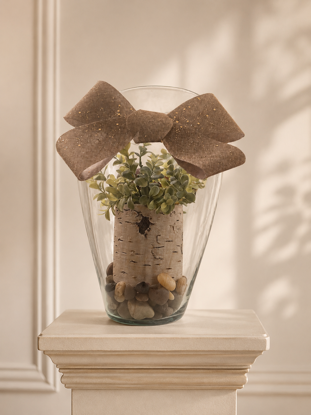 Rustic Greenery Glass Vase Arrangement with Burlap Bow