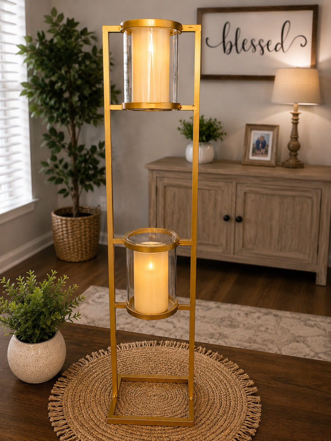 Tall Gold Two-Tier Lantern Candle Holder