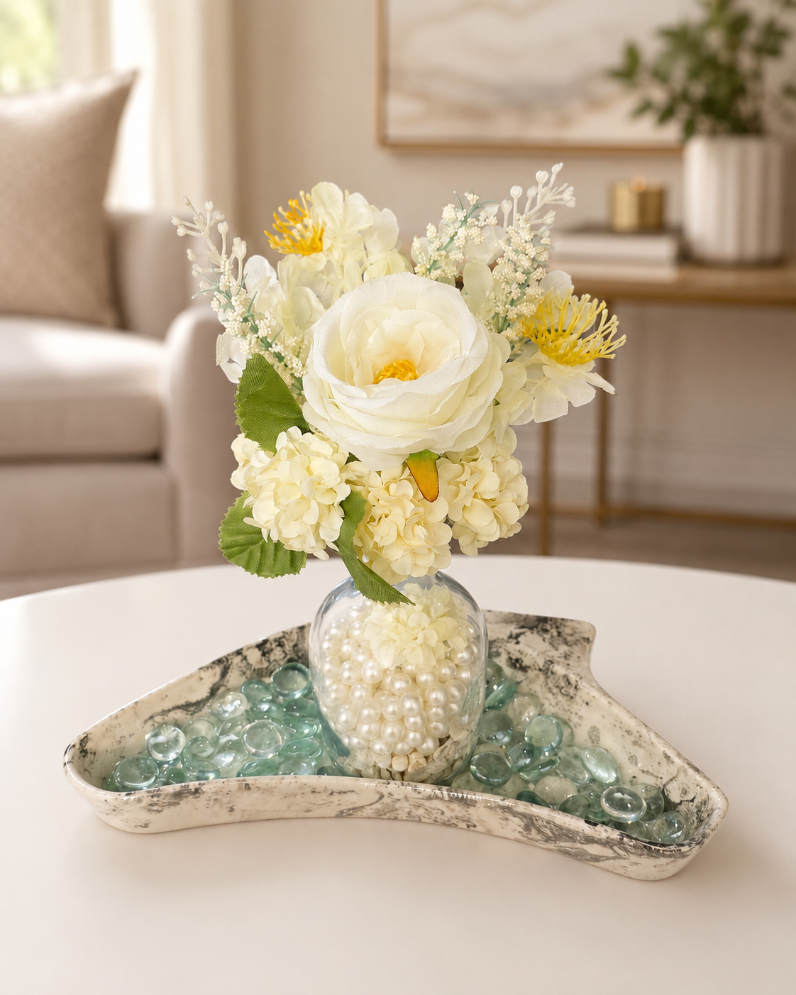 Elegant White Floral Pearl Centerpiece with Decorative Tray