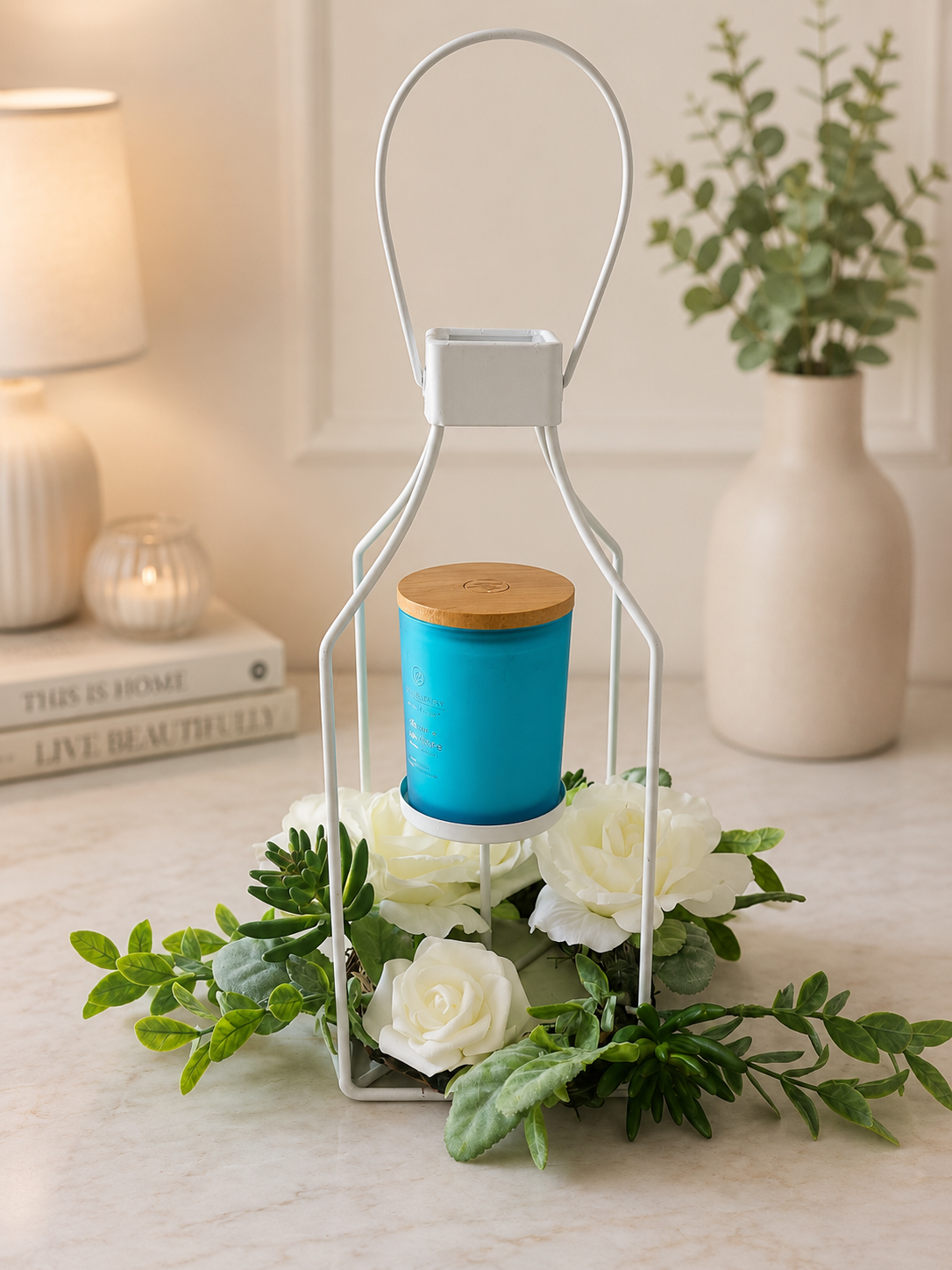 White Rose Lantern Candle Centerpiece