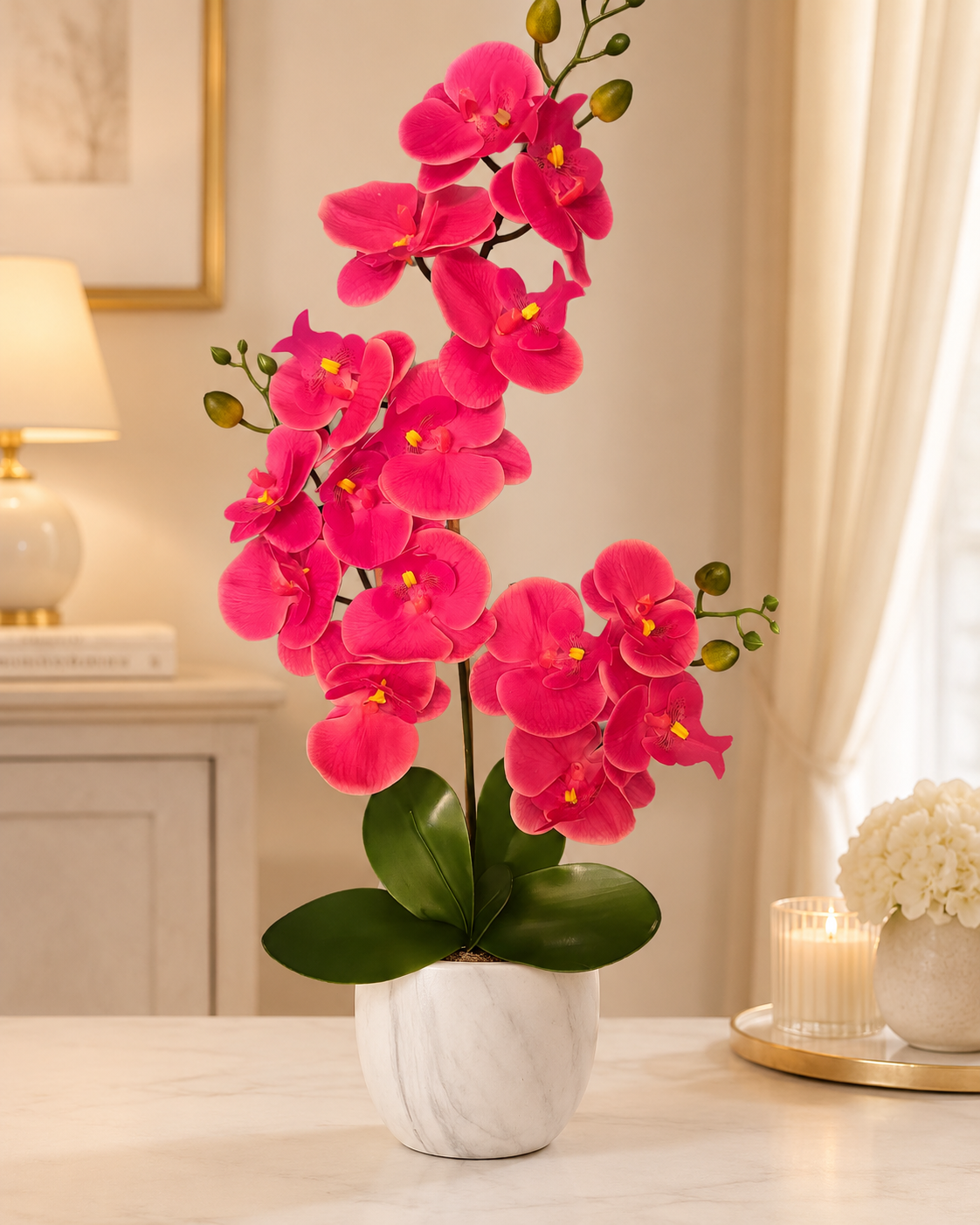 Hot Pink Orchid Arrangement in Marble Pot