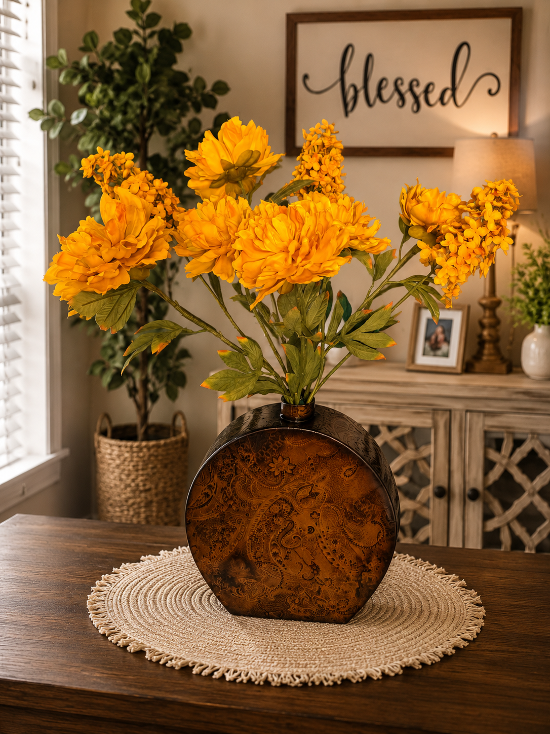 Golden Yellow Floral Arrangement in Brown Decorative Vase